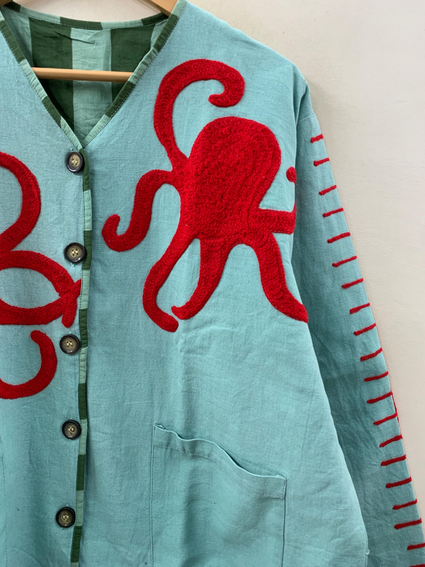 The Ink & Tide — Tufted Appliqué Cotton Jacket — Seafoam & Crimson - Default Title - Zoshak Jacket