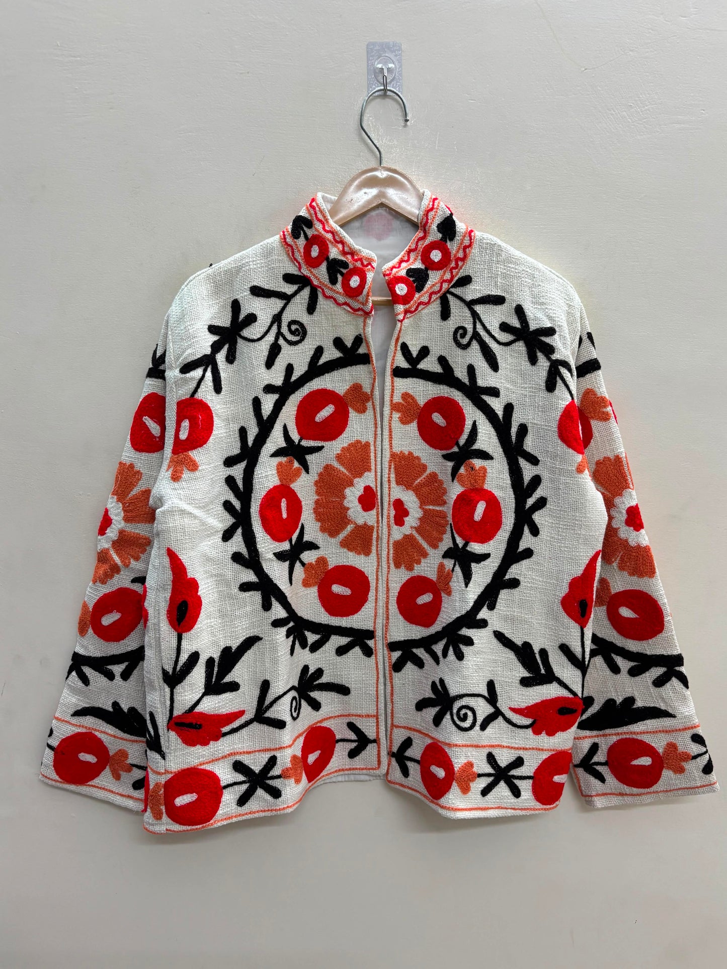 The Anar Bloom — Suzani Hand-Embroidered Cotton Jacket — Ivory with Vermilion & Ochre