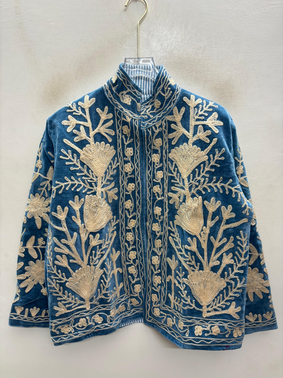 The Tulip Steppe — Suzani Hand-Embroidered Velvet Jacket — Steel Blue with Ivory Tulip Blooms