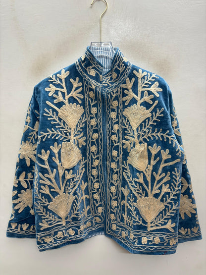 The Tulip Steppe — Suzani Hand-Embroidered Velvet Jacket — Steel Blue with Ivory Tulip Blooms