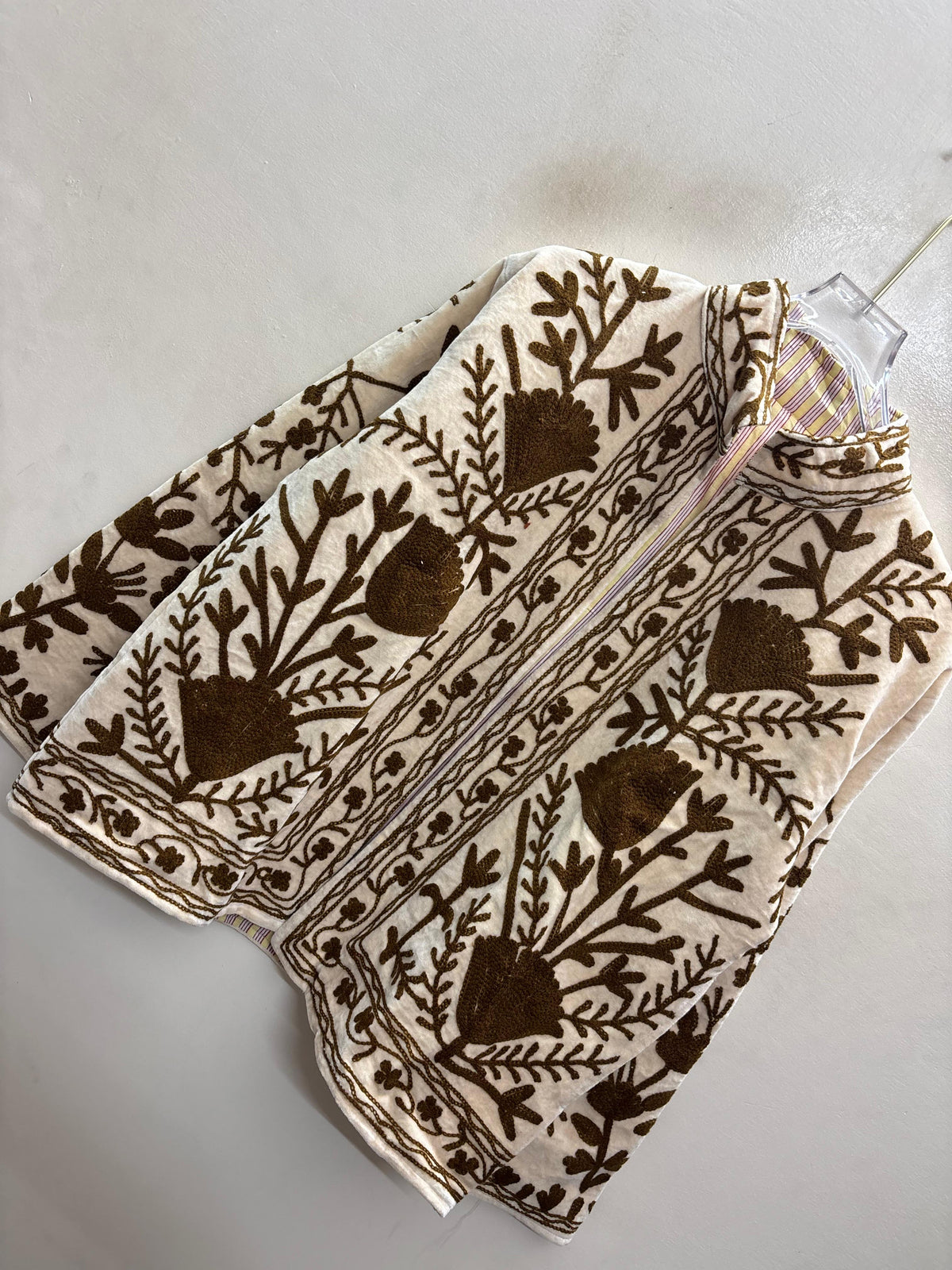 The Zaitoon Bostan — Suzani Hand-Embroidered Velvet Jacket — Ivory with Olive Brown Florals