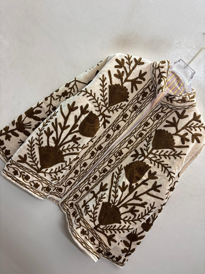 The Zaitoon Bostan — Suzani Hand-Embroidered Velvet Jacket — Ivory with Olive Brown Florals