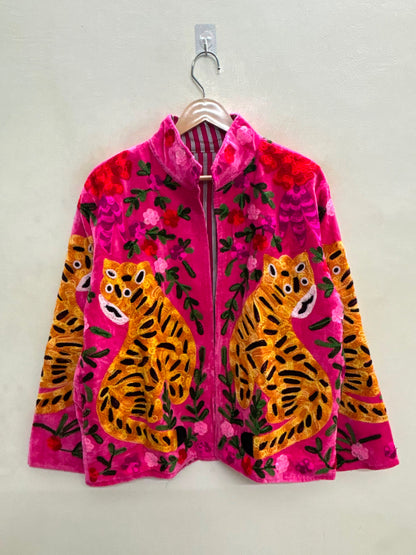 The Bengal Bloom — Suzani Embroidered Velvet Jacket — Fuchsia Pink with Amber Tiger