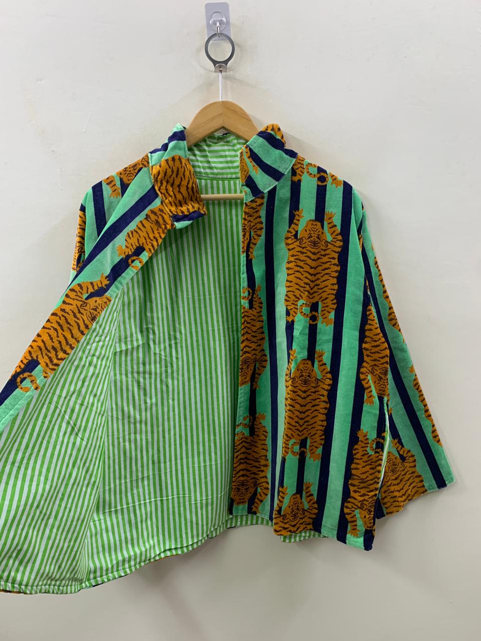 The Bengal Striper — Block Printed Velvet Jacket — Mint, Navy & Amber - Default Title - Zoshak Jacket