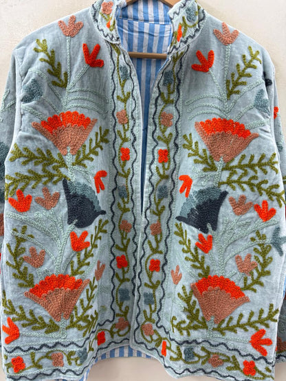 The Duskwing Bloom — Suzani Embroidered Velvet Jacket — Powder Blue
