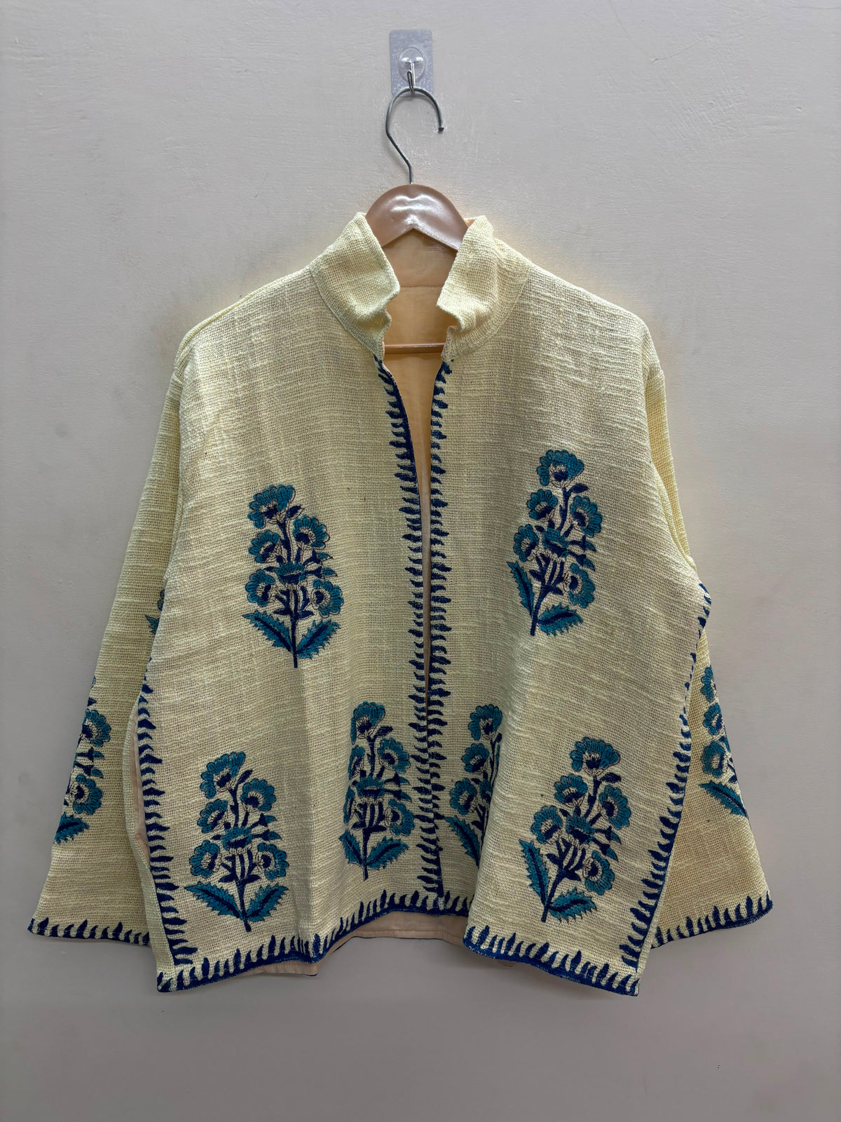 The Marigold Bagh — Suzani-Embroidered Handwoven Cotton Jacket — Ivory with Turquoise Blue