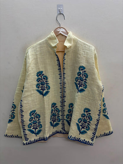 The Marigold Bagh — Suzani-Embroidered Handwoven Cotton Jacket — Ivory with Turquoise Blue