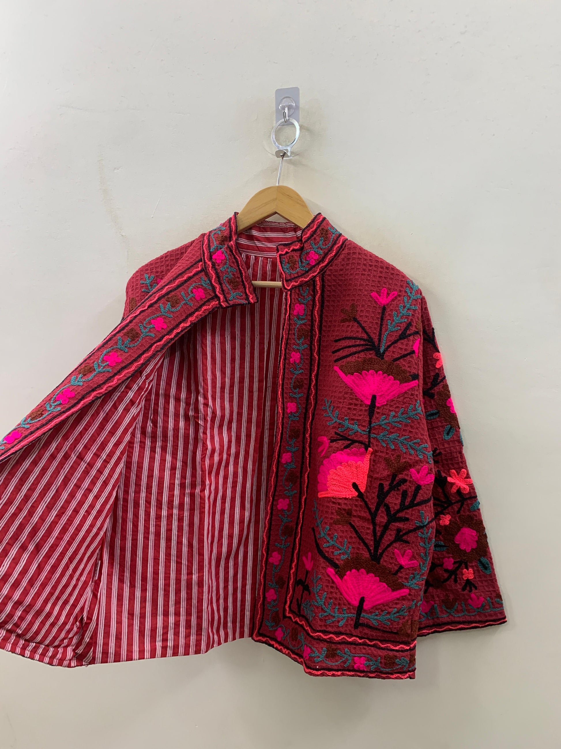 The Berry Suzani — Coral Flame — Hand-Embroidered Waffle Cotton Jacket - Default Title - Zoshak