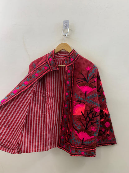 The Berry Suzani — Coral Flame — Hand-Embroidered Waffle Cotton Jacket - Default Title - Zoshak