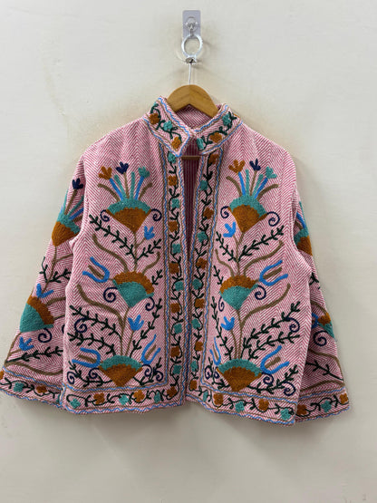 The Garden of Isphahan — Crewel Embroidered Cotton Jacket — Raspberry Herringbone - Default Title - Zoshak Jacket