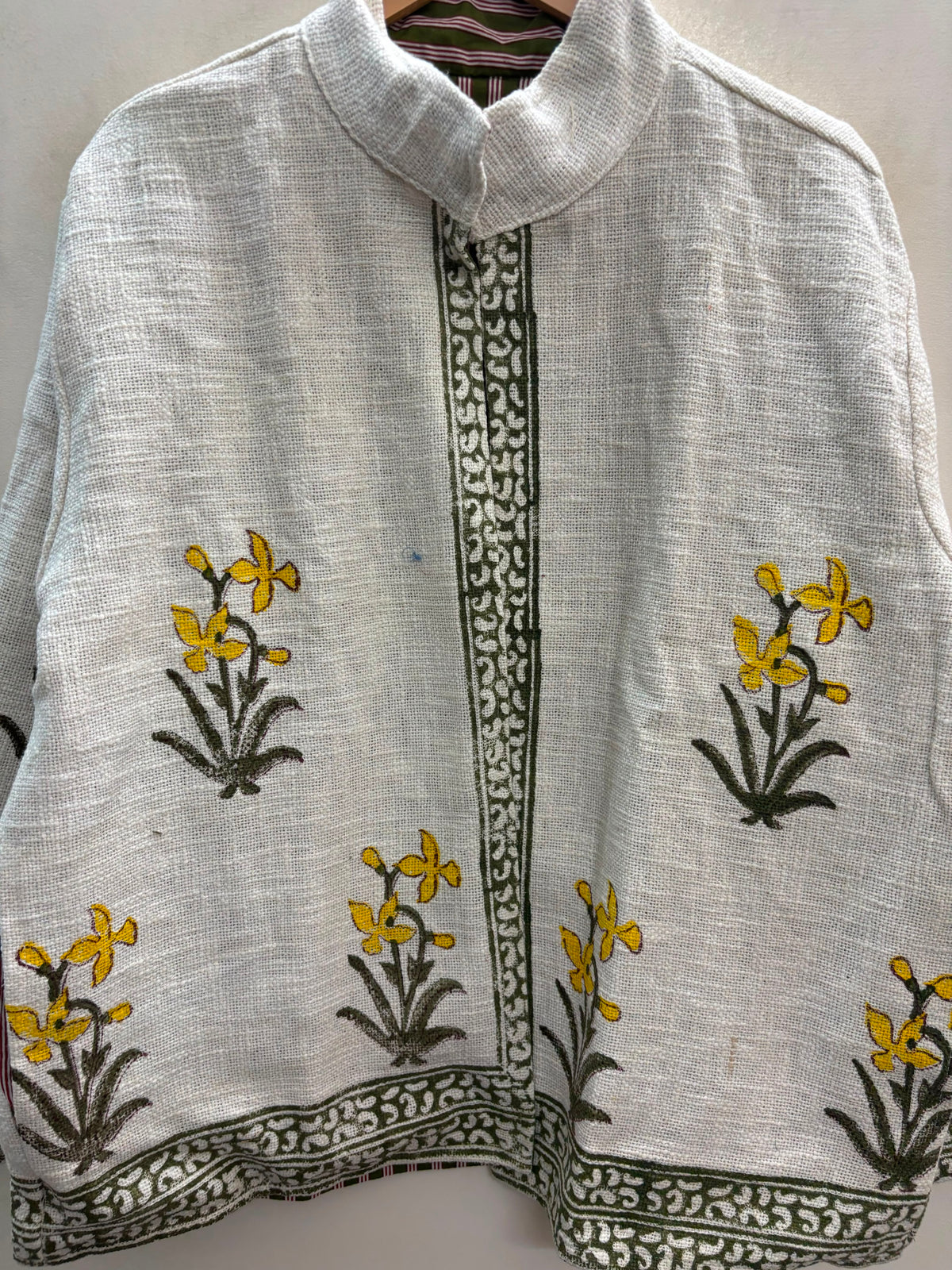 The Sarson Bagh — Hand Block-Printed Cotton Jacket — Ivory with Olive & Mustard Floral Motifs