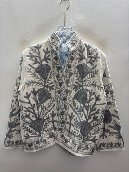The Kashida Snowfield — Suzani Hand-Embroidered Velvet Jacket — Ivory with Dove Grey Florals