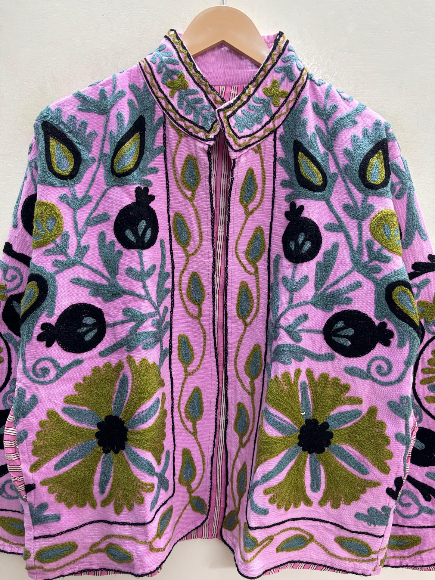 The Bagh-e-Anar — Hand-Embroidered Suzani Cotton Jacket — Orchid Pink with Olive & Slate Motifs