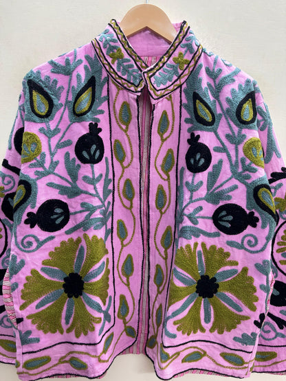 The Bagh-e-Anar — Hand-Embroidered Suzani Cotton Jacket — Orchid Pink with Olive & Slate Motifs