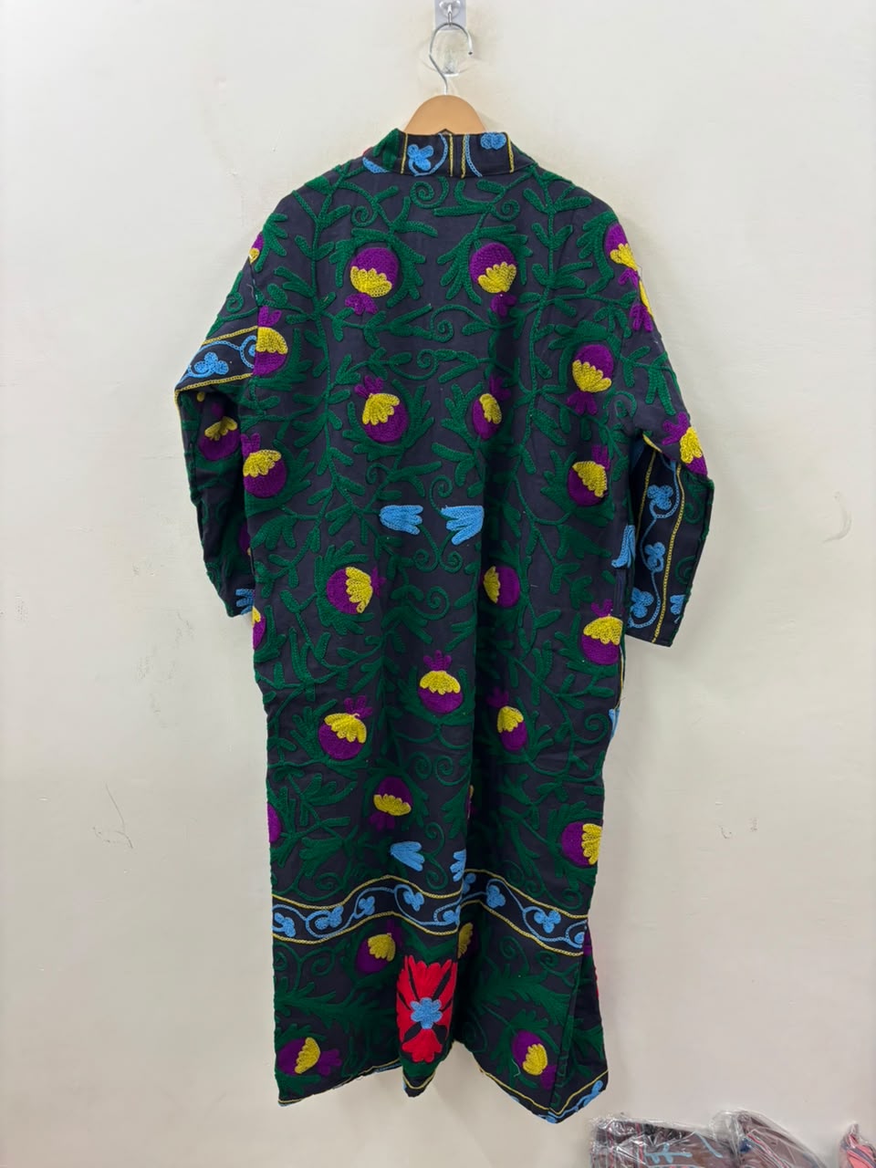 The Samarkand Bloom — Suzani Embroidered Cotton Kimono — Charcoal Grey with Crimson Florals