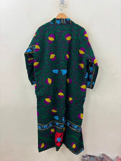 The Samarkand Bloom — Suzani Embroidered Cotton Kimono — Charcoal Grey with Crimson Florals