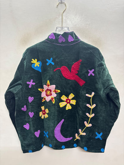 The Ghoda Yatra — Suzani Hand-Embroidered Velvet Jacket — Forest Green with Horse, Heart & Sunburst Motifs