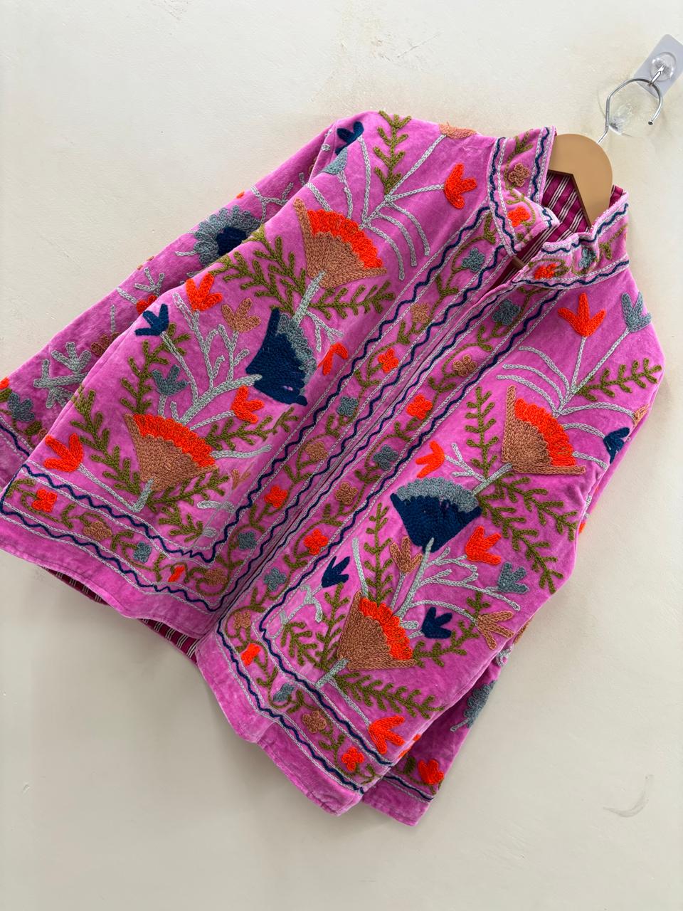 The Anaar Bloom — Suzani Hand-Embroidered Velvet Jacket — Orchid Pink with Rust, Sage & Indigo Florals