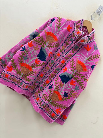 The Anaar Bloom — Suzani Hand-Embroidered Velvet Jacket — Orchid Pink with Rust, Sage & Indigo Florals