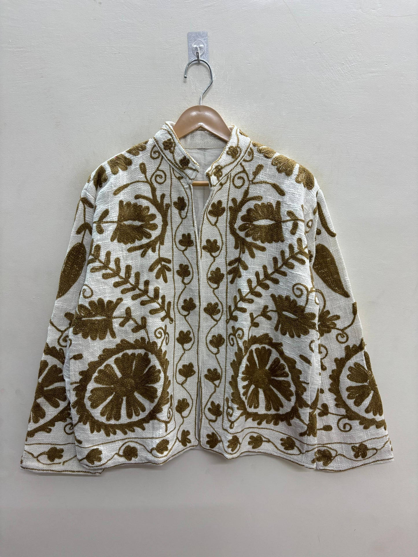 The Bibi Marigold — Suzani Hand-Embroidered Cotton Jacket — Ivory & Olive Gold