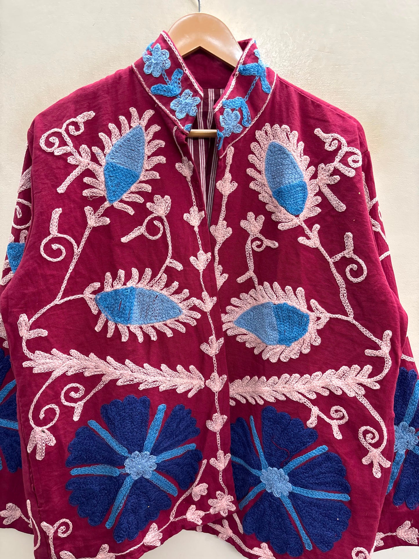 The Samarkand Bloom — Suzani Hand-Embroidered Cotton Jacket — Deep Maroon with Cornflower Blue