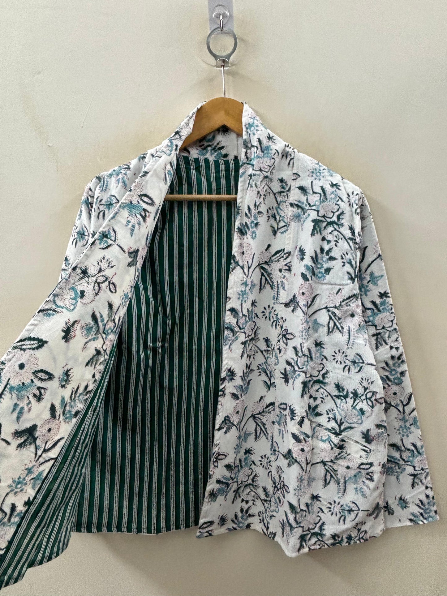 The Wildflower Reverie — Hand-print Corduroy Jacket — Ivory with Black & Teal Florals - Default Title - Zoshak Jacket