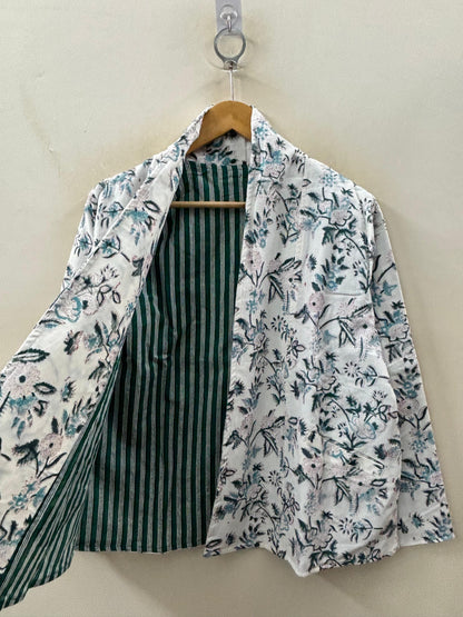 The Wildflower Reverie — Hand-print Corduroy Jacket — Ivory with Black & Teal Florals - Default Title - Zoshak Jacket