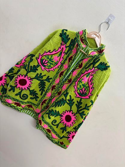 The Lime Orchard Suzani — Hand-Embroidered Cotton Jacket — Chartreuse with Pink & Moss Green Florals