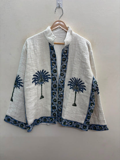 The Khejri Oasis — Hand-Embroidered Cotton Jacket — Undyed Ivory with Indigo Palm