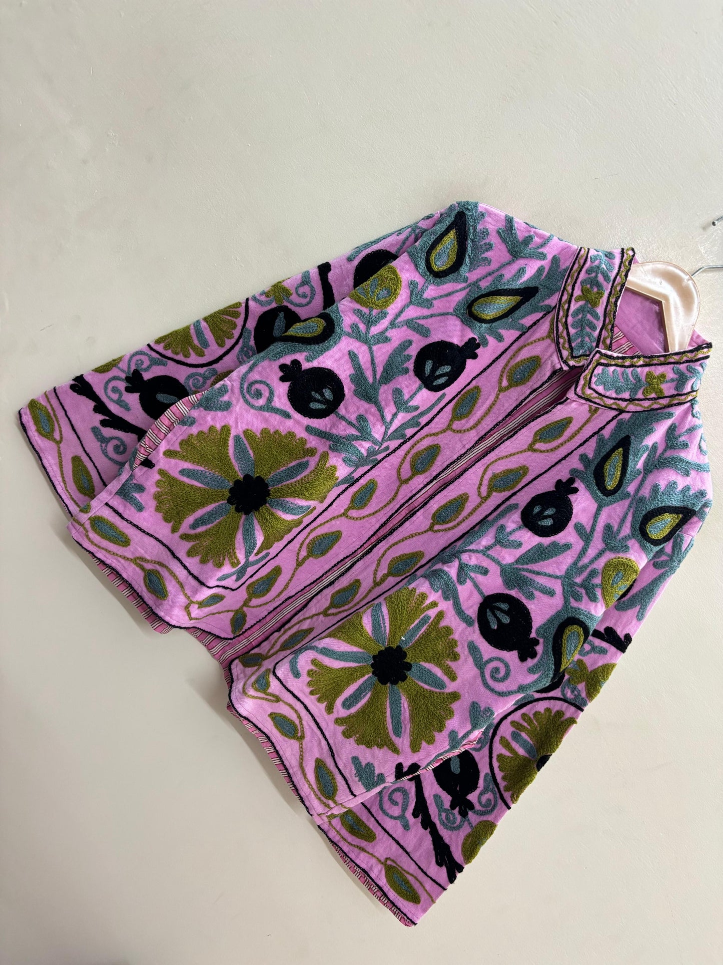 The Bagh-e-Anar — Hand-Embroidered Suzani Cotton Jacket — Orchid Pink with Olive & Slate Motifs