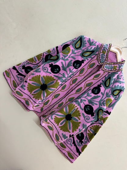 The Bagh-e-Anar — Hand-Embroidered Suzani Cotton Jacket — Orchid Pink with Olive & Slate Motifs
