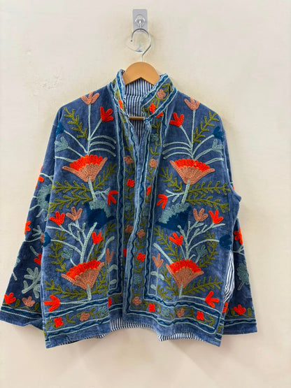 The Marigold Steppe — Suzani Embroidered Velvet Jacket — Indigo Blue