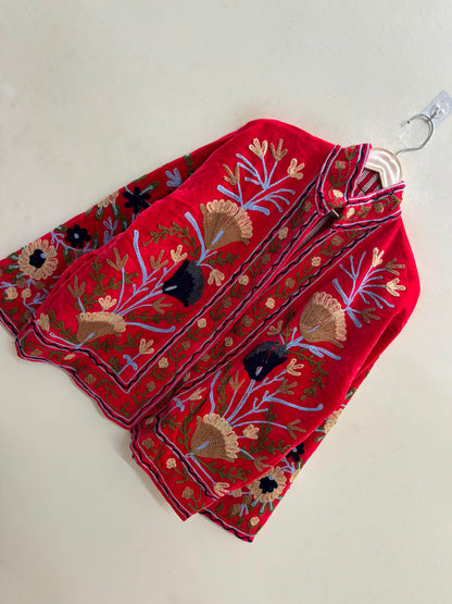 The Anaar Bloom — Suzani Embroidered Velvet Jacket — Crimson Red with Sage & Sand Florals