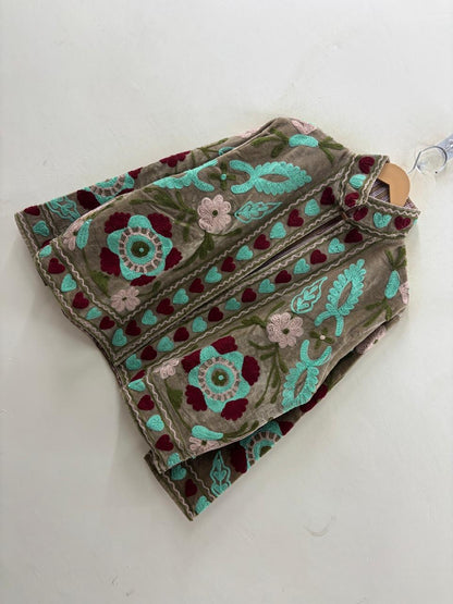 The Heart Garden — Suzani Hand-Embroidered Velvet Jacket | Dusty Taupe, Turquoise & Burgundy