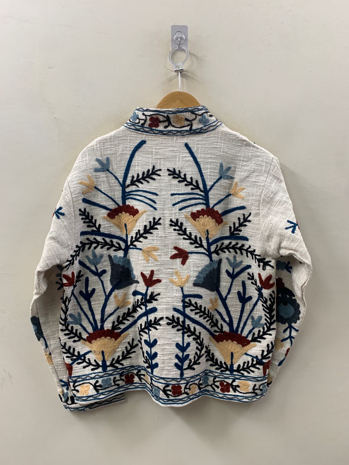 The Garden of Wandering Vines — Suzani-Inspired Chain Stitch Cotton Jacket — Ivory & Indigo - Default Title - Zoshak Jacket