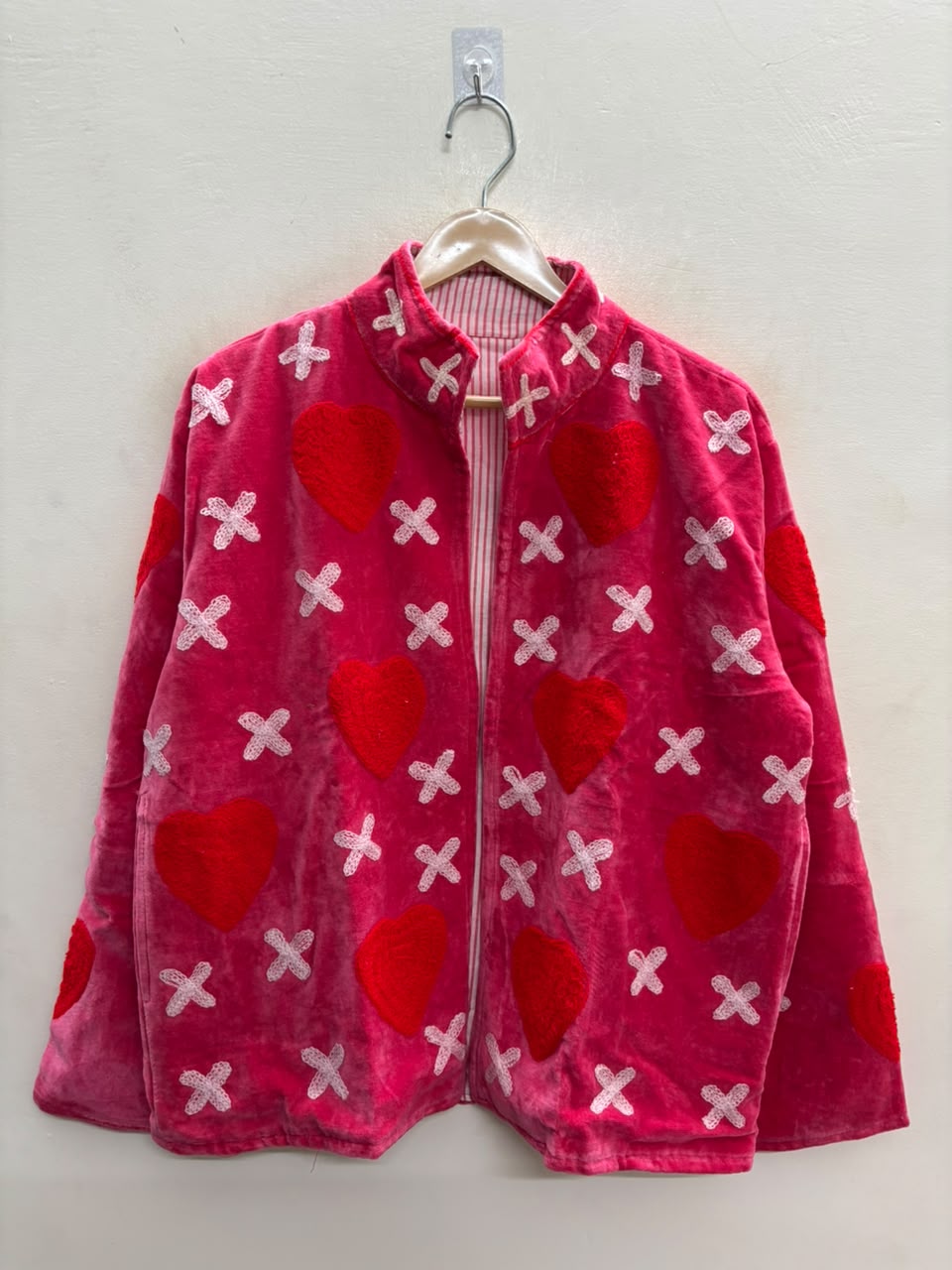 The Kissed Rose — Suzani Embroidered Velvet Jacket — Fuchsia Pink with Crimson Hearts