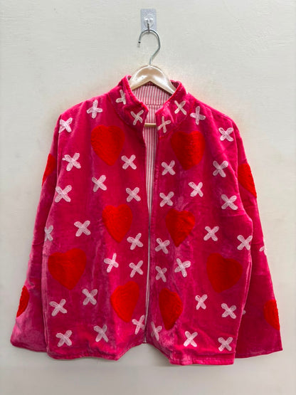 The Kissed Rose — Suzani Embroidered Velvet Jacket — Fuchsia Pink with Crimson Hearts