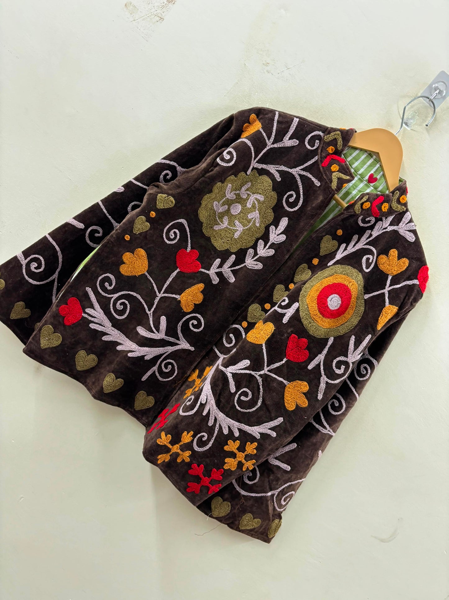 The Anar Baagh — Suzani Embroidered Velvet Jacket — Espresso Brown with Marigold & Ruby Blooms