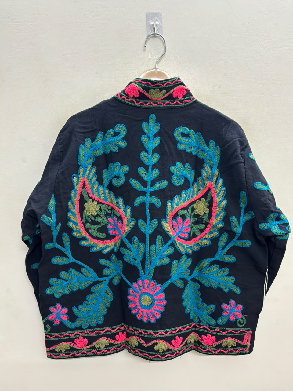 The Samarkand Bloom — Suzani Hand-Embroidered Cotton Jacket — Midnight Black with Teal, Fuchsia & Olive