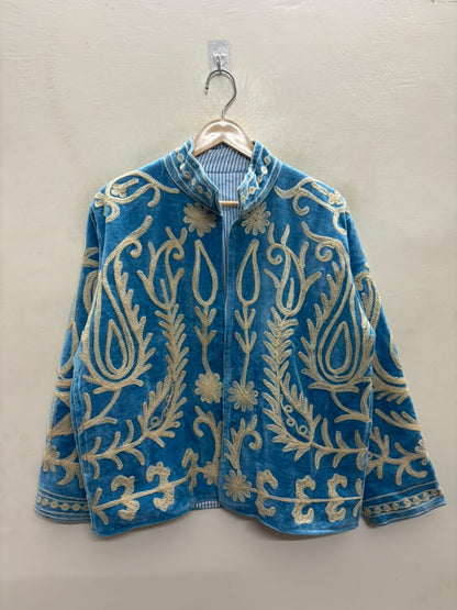 The Samarkand Peacock — Suzani Embroidered Velvet Jacket — Cerulean Blue