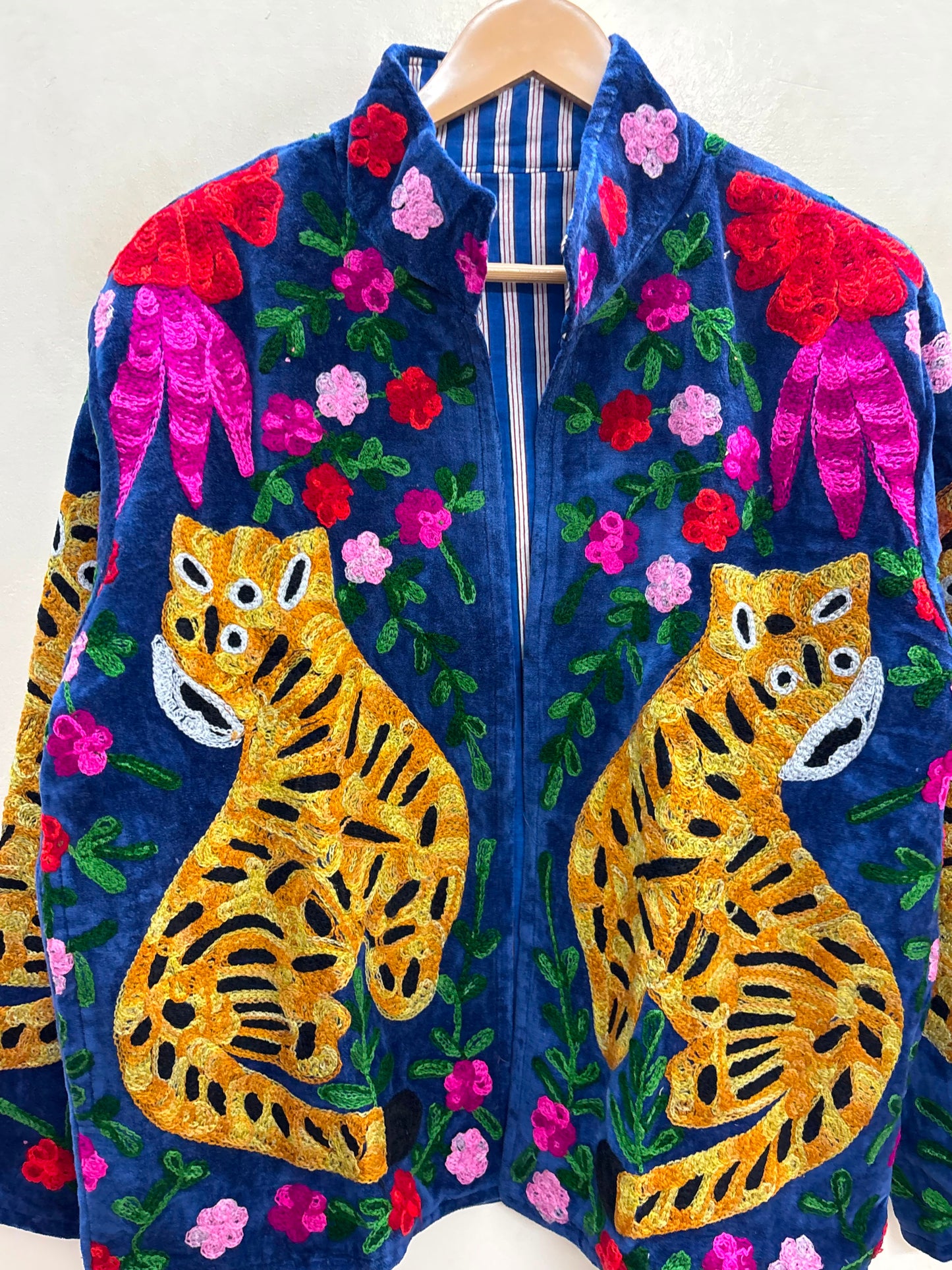 The Tiger's Garden — Suzani Embroidered Velvet Jacket — Indigo Blue with Marigold Tigers