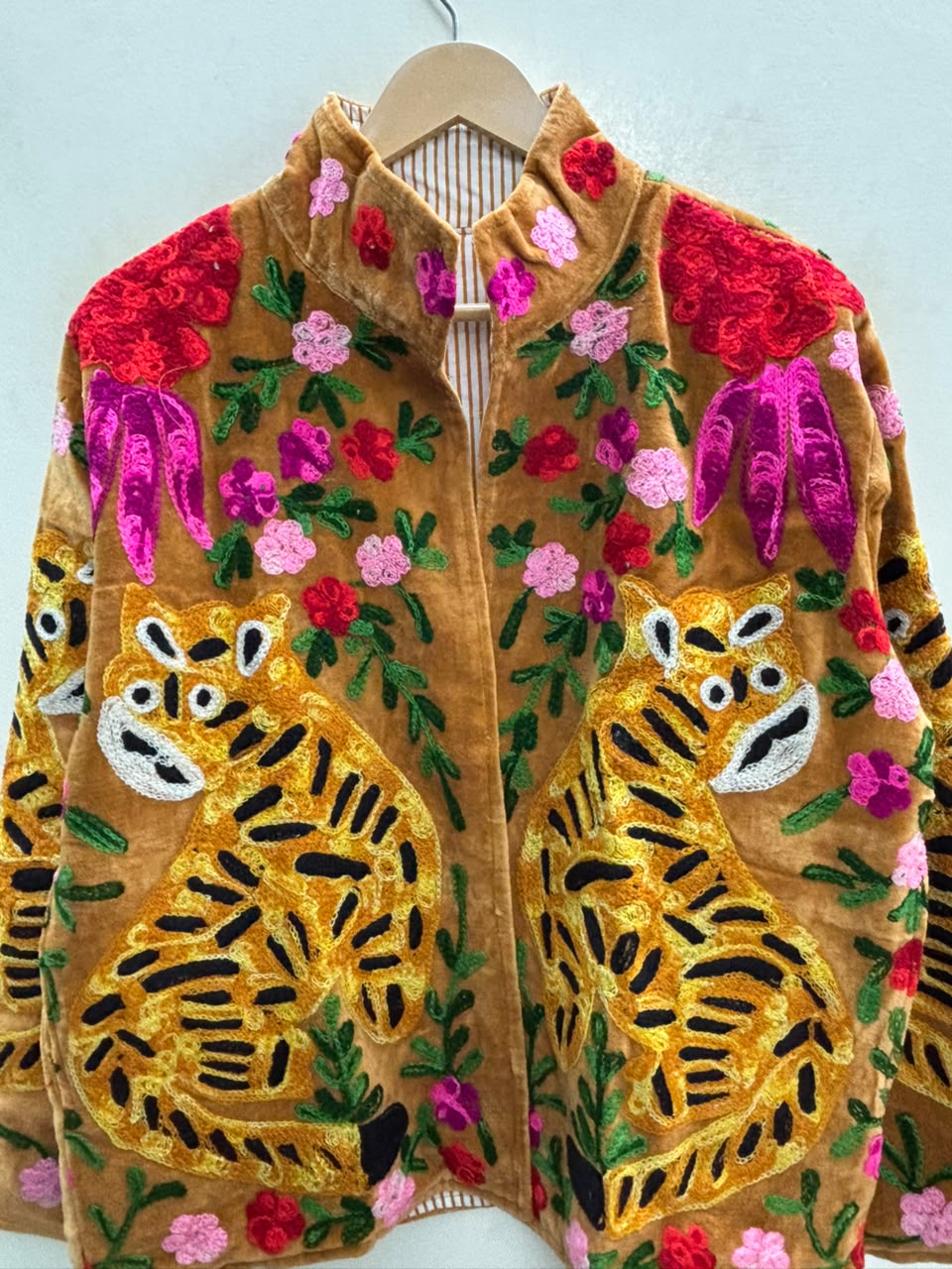 The Bagh Suzani — Hand-Embroidered Velvet Jacket — Camel Gold with Crimson & Magenta Bloom