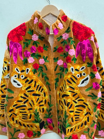 The Bagh Suzani — Hand-Embroidered Velvet Jacket — Camel Gold with Crimson & Magenta Bloom