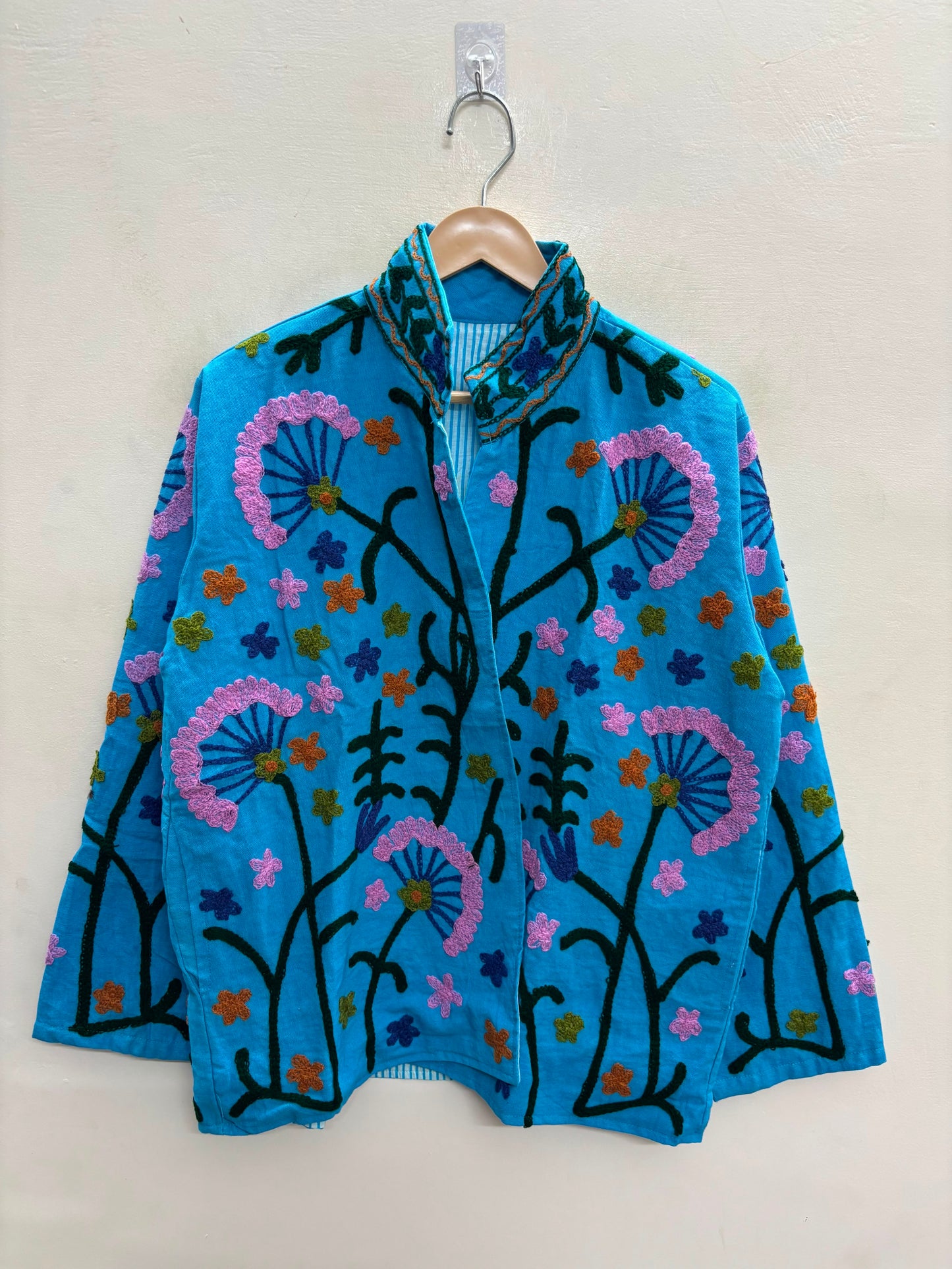 The Turquoise Meadow — Suzani-Embroidered Cotton Jacket — Sky Blue with Blush Pink & Indigo Florals