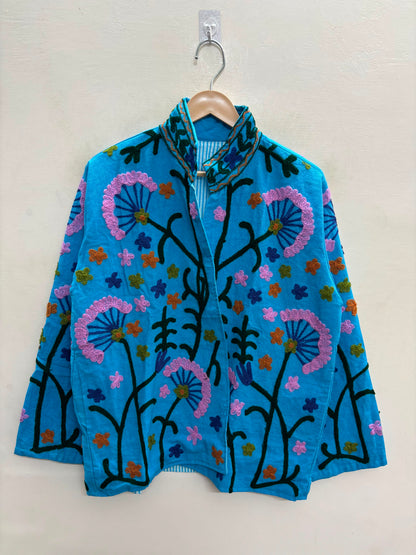 The Turquoise Meadow — Suzani-Embroidered Cotton Jacket — Sky Blue with Blush Pink & Indigo Florals