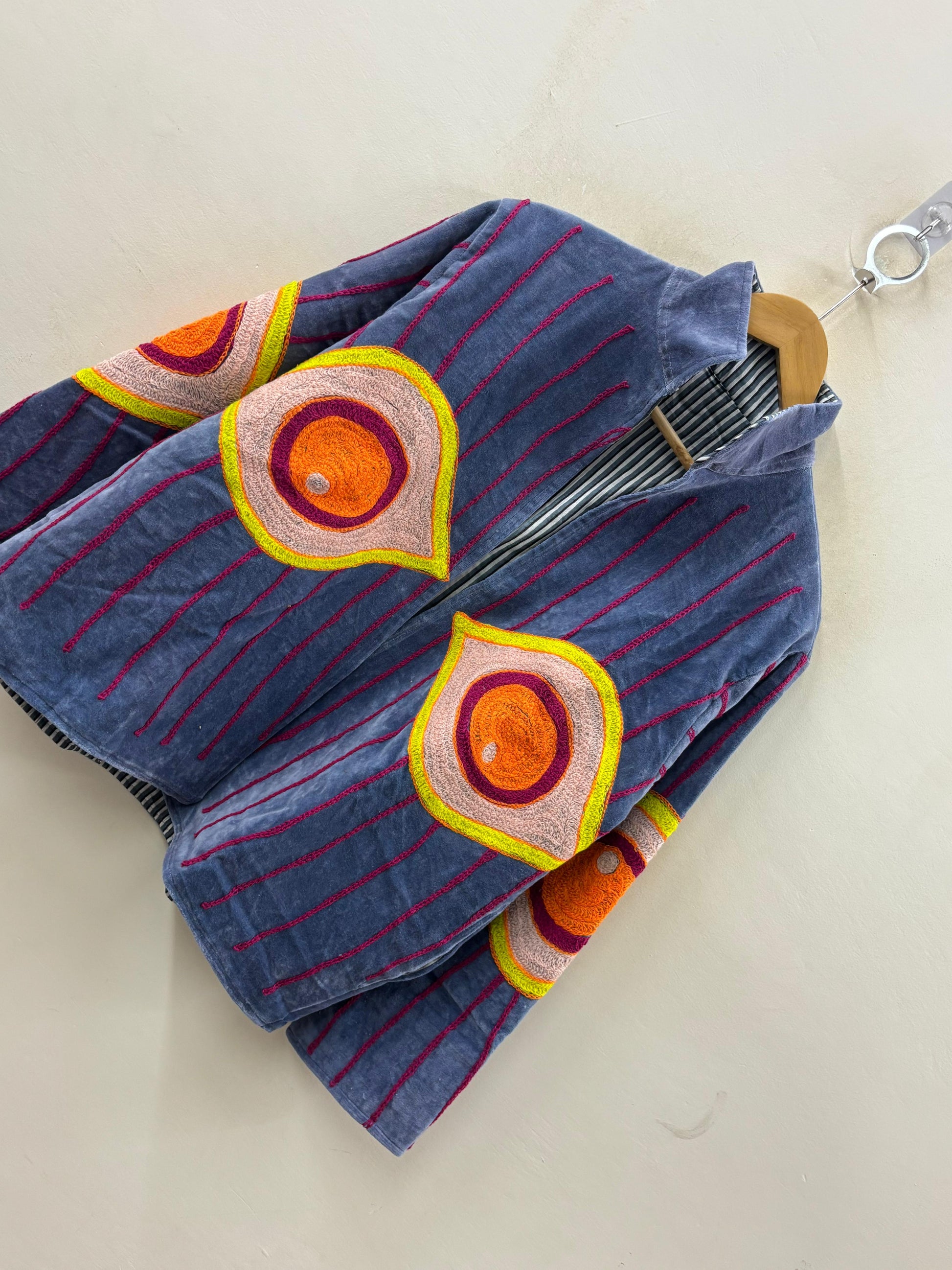 The Awakened Eye — Suzani Hand-Embroidered Velvet Jacket — Slate Blue with Saffron & Magenta - Default Title - Zoshak Jacket