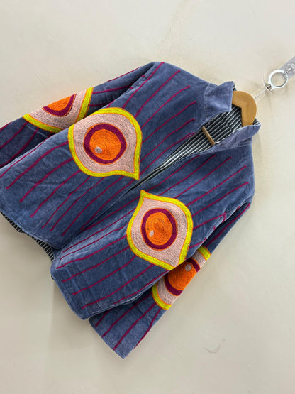 The Awakened Eye — Suzani Hand-Embroidered Velvet Jacket — Slate Blue with Saffron & Magenta - Default Title - Zoshak Jacket