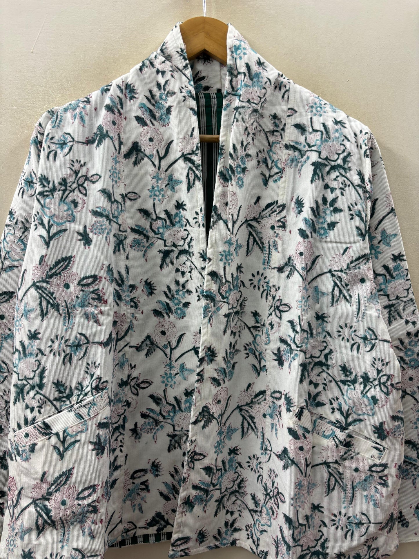 The Wildflower Reverie — Hand-print Corduroy Jacket — Ivory with Black & Teal Florals - Default Title - Zoshak Jacket