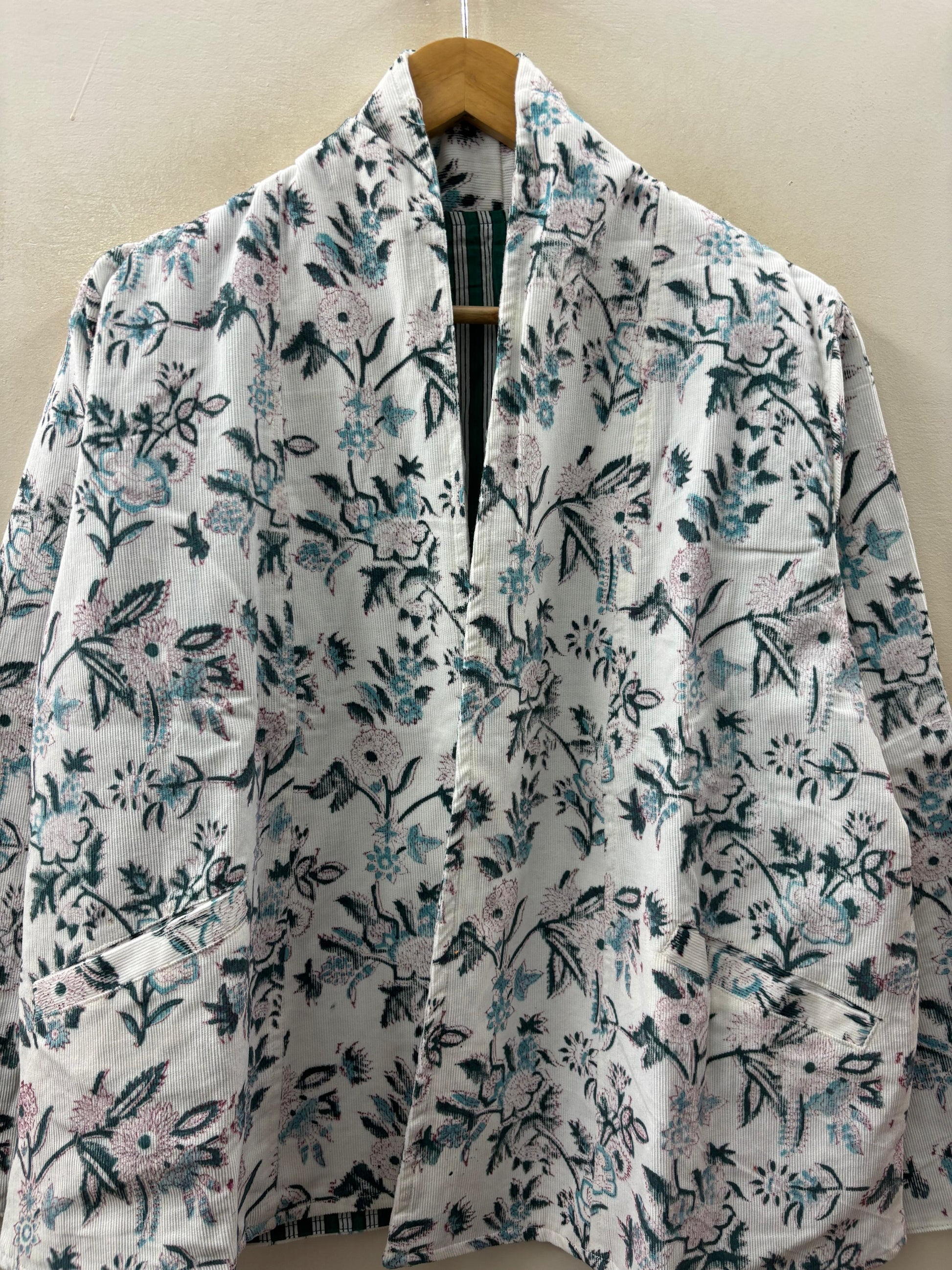 The Wildflower Reverie — Hand-print Corduroy Jacket — Ivory with Black & Teal Florals - Default Title - Zoshak Jacket