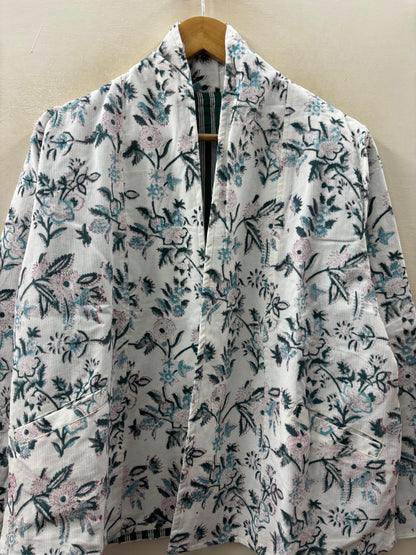 The Wildflower Reverie — Hand-print Corduroy Jacket — Ivory with Black & Teal Florals - Default Title - Zoshak Jacket